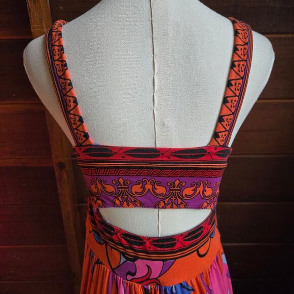 Hale Bob Vibrant Floral Maxi Dress S Cutout Back Boho Hippie Maximalist Sundress - Picture 3 of 10